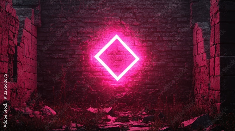 Fototapeta premium Pink Neon Diamond in Ruined Brick Structure