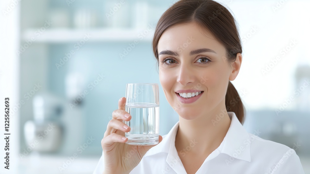A smiling woman holding a glass of clear water, promoting hydration and wellness in a modern kitchen setting. She embodies a healthy lifestyle and positive living. A smiling woman holding a glass of clear water, promoting hydration and wellness in a modern kitchen setting. She embodies a healthy lifestyle and positive living.