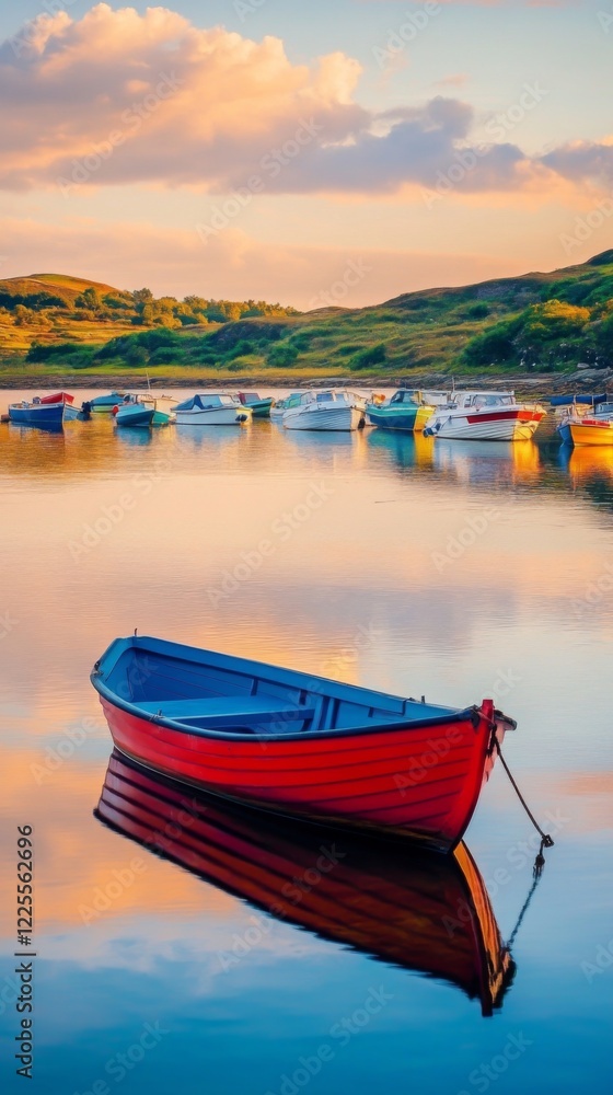 A serene sunset view over calm waters with colorful boats. The vibrant red boat stands out vividly against the tranquil backdrop of nature. Generative AI A serene sunset view over calm waters with colorful boats. The vibrant red boat stands out vividly against the tranquil backdrop of nature. Generative AI