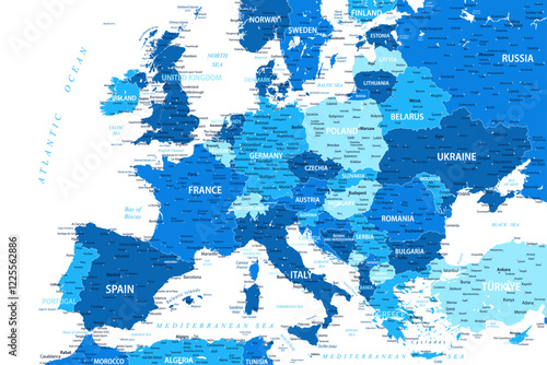 Europe Map Blue Colored - stock vector illustration