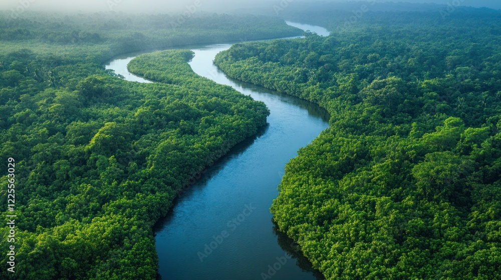 Aerial View of Meandering River in Lush Green Forest Aerial View of Meandering River in Lush Green Forest