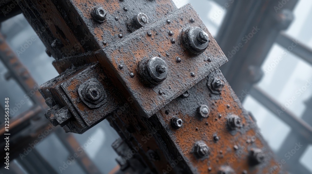 Close up of metal structure with overlapping steel beams and rusty textures in abandoned setting Close up of metal structure with overlapping steel beams and rusty textures in abandoned setting
