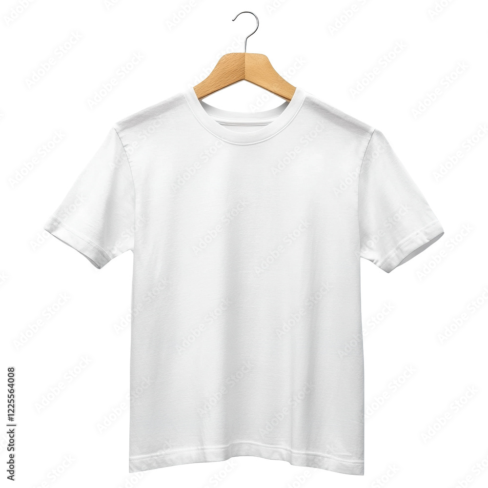 White T-shirt on a wooden hanger, isolated on transparent cutout background White T-shirt on a wooden hanger, isolated on transparent cutout background