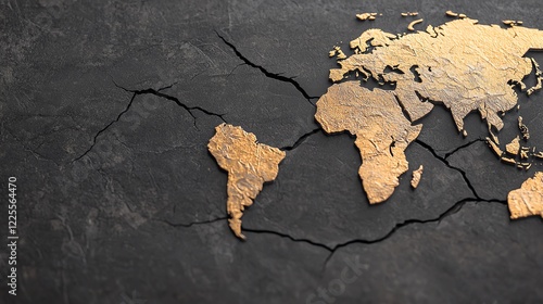 A cracked earth surface with a golden world map design, symbolizing global connectivity. photo