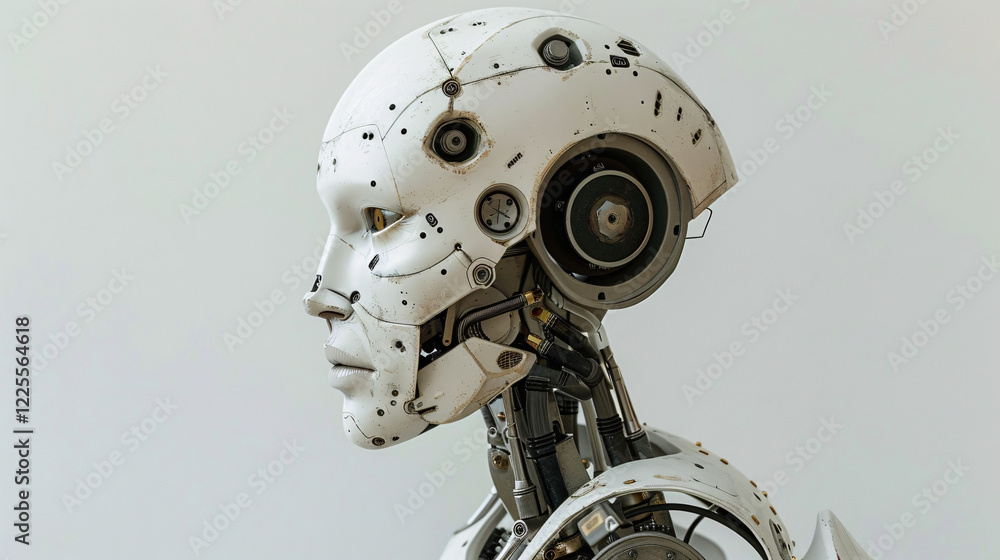 Futuristic humanoid robot head close-up Futuristic humanoid robot head close-up