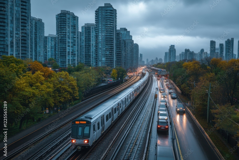 Obraz premium Subway train traveling through a rainy autumn cityscape with golden foliage and tall buildings in the background