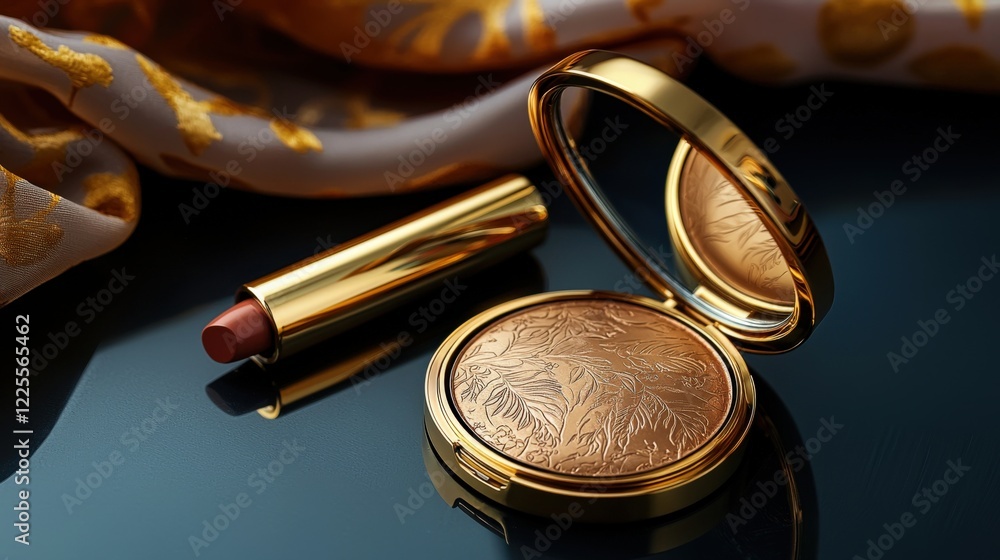 A luxurious golden compact mirror with intricate engravings, accompanied by a matching lipstick tube, elegantly displayed with a soft silk scarf in the background for a chic, sophisticated vibe. A luxurious golden compact mirror with intricate engravings, accompanied by a matching lipstick tube, elegantly displayed with a soft silk scarf in the background for a chic, sophisticated vibe.