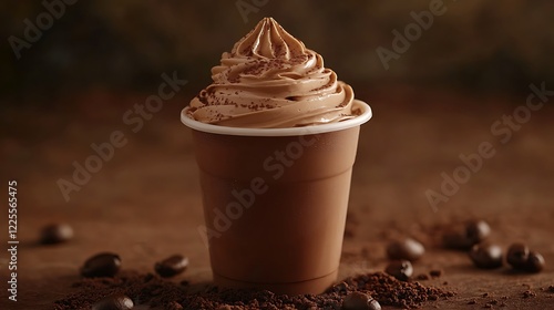 Disposable coffee cup against soft mocha mousse background, trendy and minimal