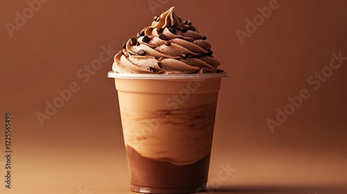 Disposable coffee cup against soft mocha mousse background, trendy and minimal