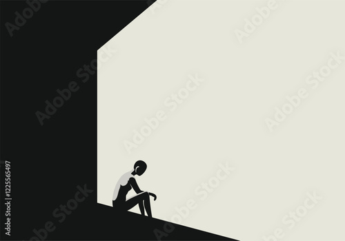 Alone individual sitting on the edge of a silhouetted structure, minimalist illustration