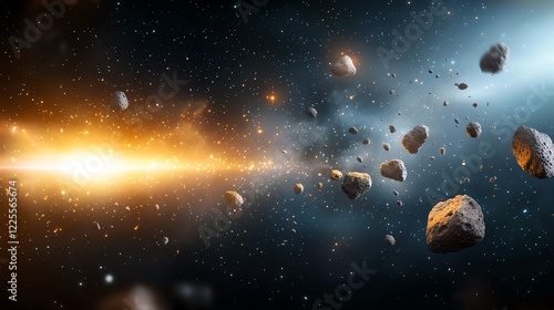 A stunning view of space featuring a dynamic scene with asteroids floating through the cosmos  illuminated by a brilliant starburst  showcasing the vastness of the universe.