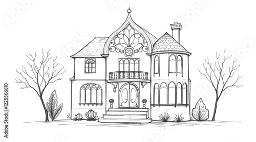 Art Deco style house sketch on a white background for coloring