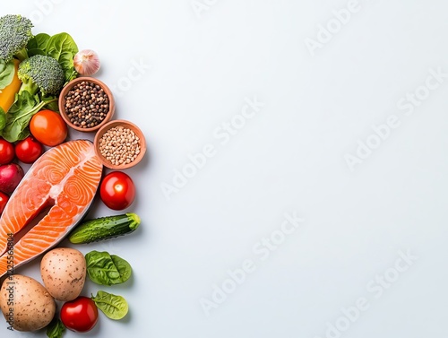 A vibrant array of fresh vegetables, herbs, and raw salmon fillet arranged aesthetically on a light background, highlighting healthy eating and culinary creativity. photo