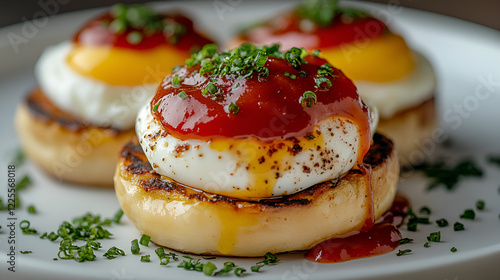 Eggs Benedict on a completely plain white background with no shadows without tabel only white plate, featuring a poached egg on an English muffin with Canadian bacon, topped with Hollandaise sauce and photo