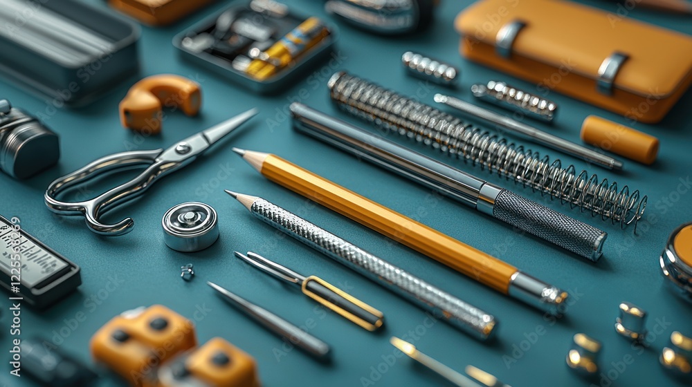 Fototapeta premium Assorted Stationery Items Arranged on Teal Surface