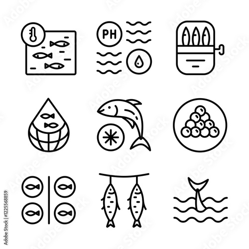Fish farm icons set. Outline set of fish farm vector icons isolated on white background
