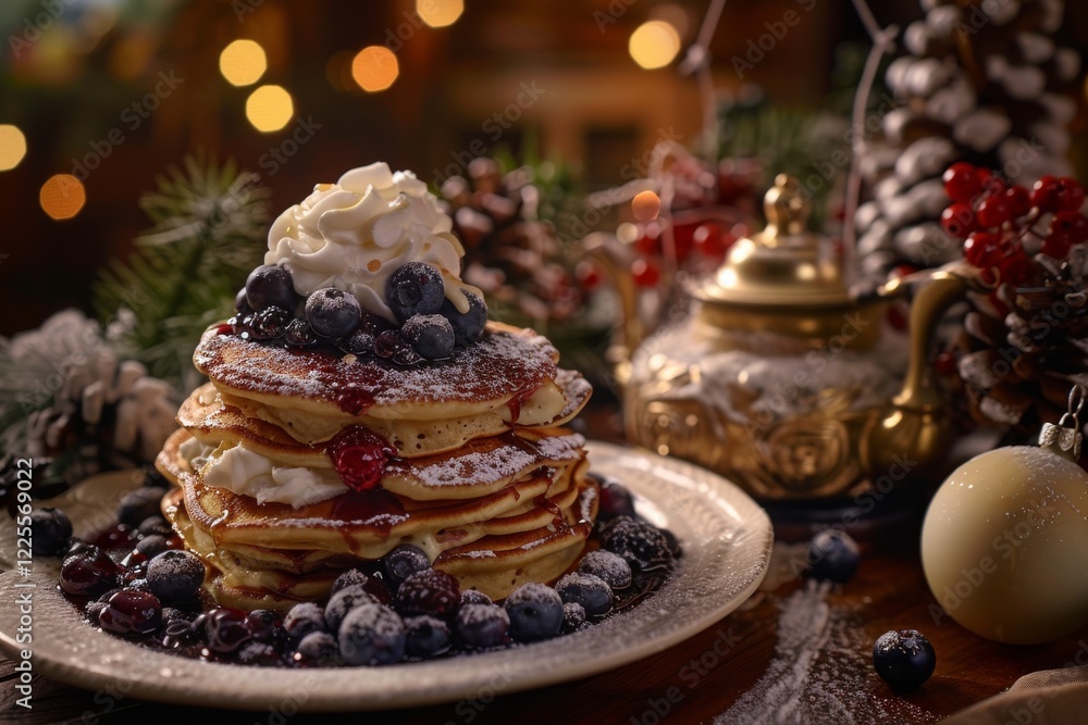 Delicious stack of blueberry pancakes with whipped cream for a cozy holiday breakfast Delicious stack of blueberry pancakes with whipped cream for a cozy holiday breakfast