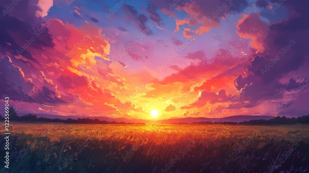 Fototapeta premium Stunning sunset over a grassy field, with brilliant hues of orange, pink, and purple filling the sky as the sun descends.
