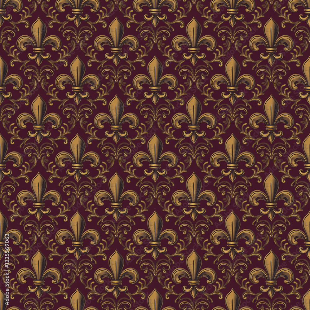 Regal Golden Fleur-de-Lis Pattern with Luxurious Damask Design on Maroon Background Regal Golden Fleur-de-Lis Pattern with Luxurious Damask Design on Maroon Background