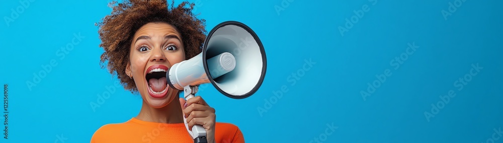 Fototapeta premium A young woman joyfully shouting into a megaphone against a vibrant blue background, expressing excitement and enthusiasm. Ideal for use in marketing and social media.