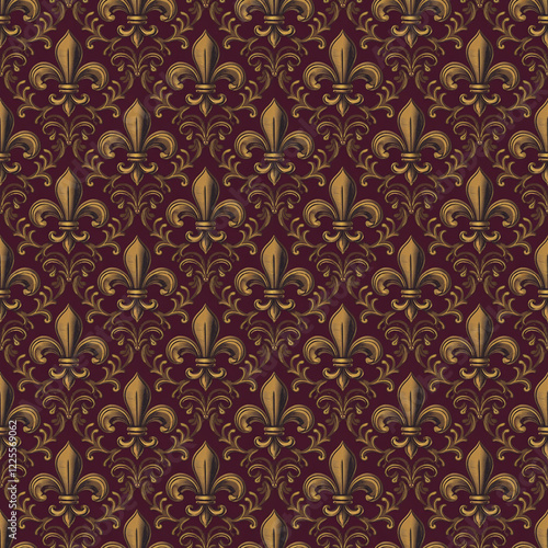 Regal Golden Fleur-de-Lis Pattern with Luxurious Damask Design on Maroon Background