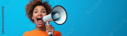 A young woman joyfully shouting into a megaphone against a vibrant blue background, expressing excitement and enthusiasm. Ideal for use in marketing and social media.