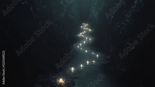 Dark Canyon River of Lights Cinematic Composition, Glowing Candles, Mystical Path, Digital Art, 3D Render, Fantasy Landscape Digital Art, 3D Render