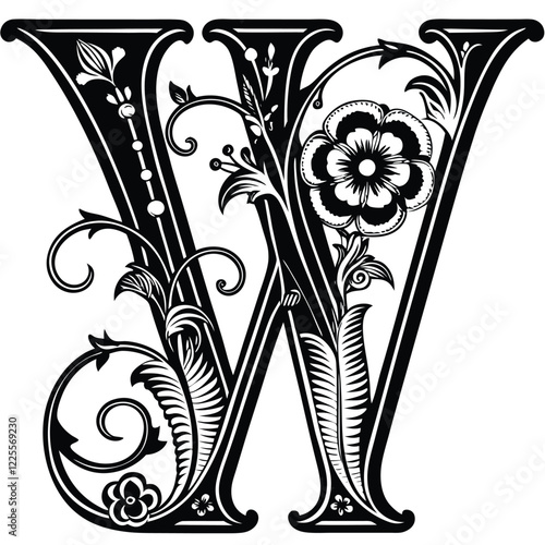 Floral Letter W
An ornate uppercase letter W with elegant floral elements, swirling vines, and intricate botanical patterns in black and white line drawing.
Adobe Illustrator Artwork