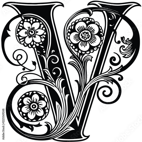Floral Letter V
A beautifully detailed uppercase letter V adorned with delicate floral flourishes, swirling vines, and intricate botanical details.
Adobe Illustrator Artwork