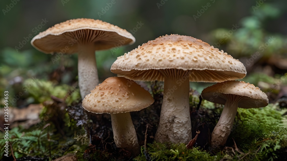 Autumn Forest Mushrooms Cluster in Moss Autumn Forest Mushrooms Cluster in Moss