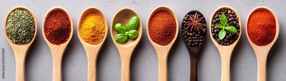 An array of colorful spices displayed in wooden spoons, demonstrating the diversity and richness of culinary flavors. Perfect for food lovers and culinary enthusiasts. An array of colorful spices displayed in wooden spoons, demonstrating the diversity and richness of culinary flavors. Perfect for food lovers and culinary enthusiasts.