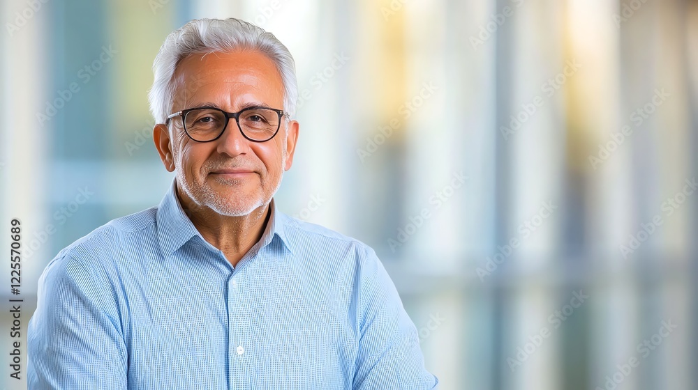 An older gentleman with gray hair and glasses stands confidently with a warm smile. He is dressed in a light blue shirt against a softly blurred modern background. An older gentleman with gray hair and glasses stands confidently with a warm smile. He is dressed in a light blue shirt against a softly blurred modern background.