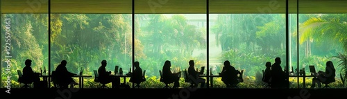 Silhouette People Working in Tropical Garden, Large Window Composition, Green Nature Background, Business, Remote Work, Nature Office Remote work, nature office