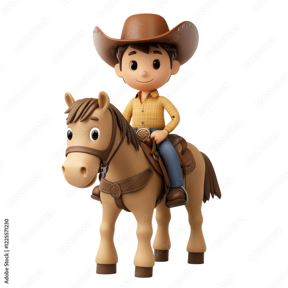 Fototapeta premium A cheerful cartoon cowboy sits atop a friendly cartoon horse both rendered in 3D.