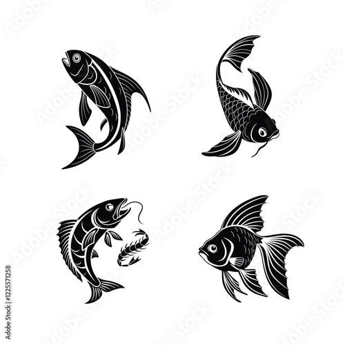 Black silhouette, fantail fish, simple graphic design, aquatic creature, marine life icon, bold contrast, minimalist artwork, seafood symbol, side view of fish, foure bundile file photo