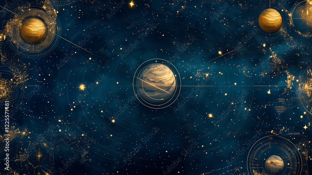 Fototapeta premium Astrological-themed night sky with luminous planets aligned over a detailed antique star map, soft gradients of midnight blue blending into warm golden tones,