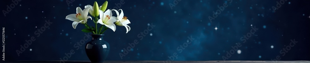 White Lilies in a vase on a dark table with a starry night sky, plant, vases White Lilies in a vase on a dark table with a starry night sky, plant, vases