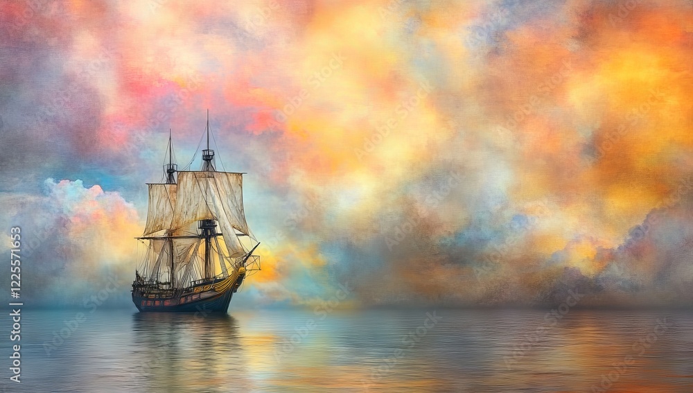 Obraz premium A large ship sails in the ocean with a beautiful sunset in the background