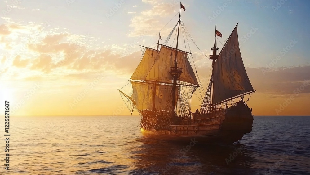 A large ship sails on the ocean at sunset A large ship sails on the ocean at sunset
