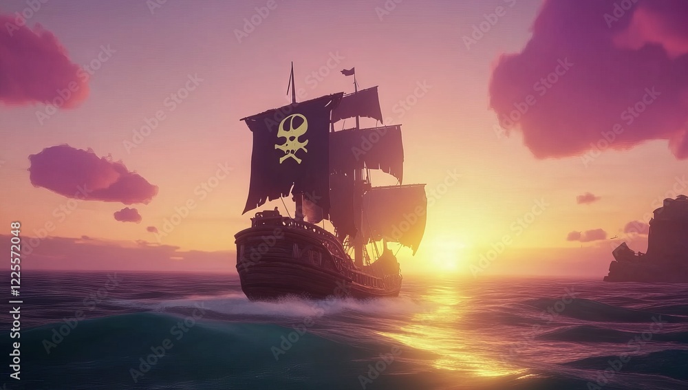 Fototapeta premium A large pirate ship sails in the ocean with a skull on its side