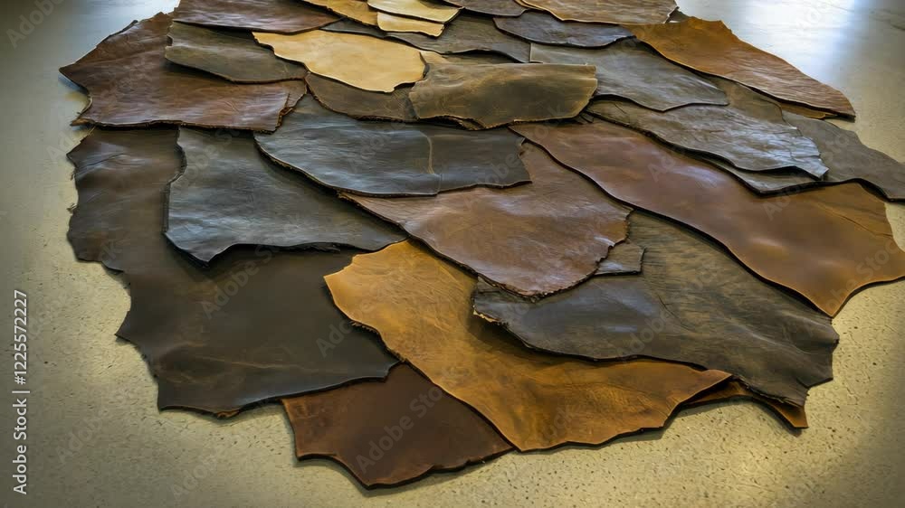 Textured collection of leather pieces arranged on a floor showcasing various shades and natural patterns in a creative space Textured collection of leather pieces arranged on a floor showcasing various shades and natural patterns in a creative space