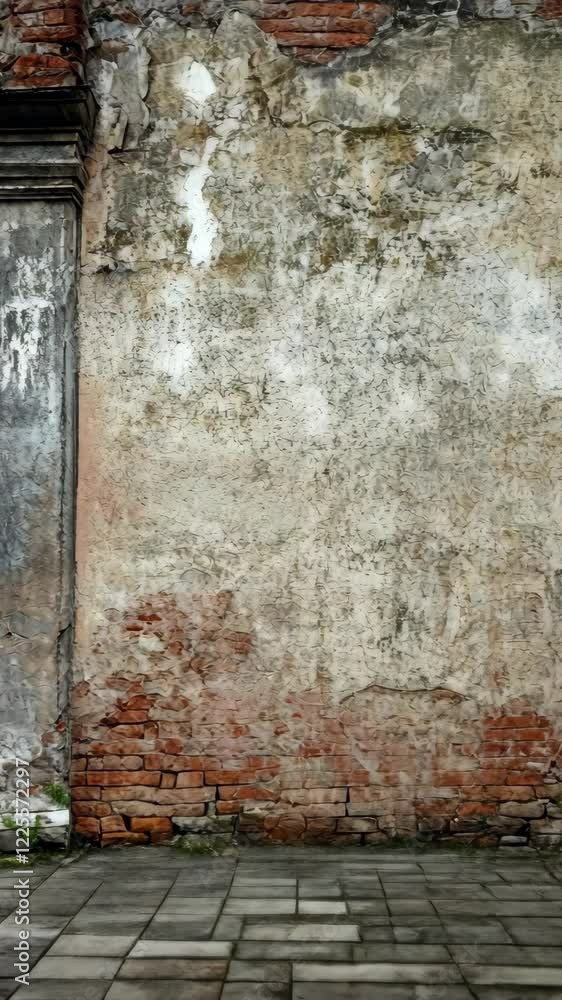 Old brick wall with peeling paint and texture in an urban environment, showing signs of weathering and age during daylight hours Old brick wall with peeling paint and texture in an urban environment, showing signs of weathering and age during daylight hours
