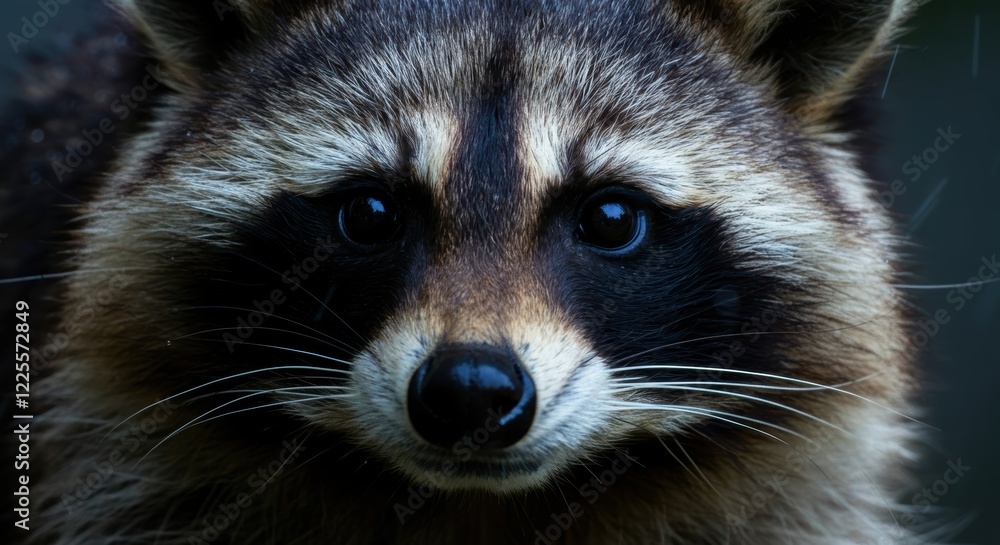 Close-up of raccoon face in natural habitat with distinctive mask and whiskers Close-up of raccoon face in natural habitat with distinctive mask and whiskers