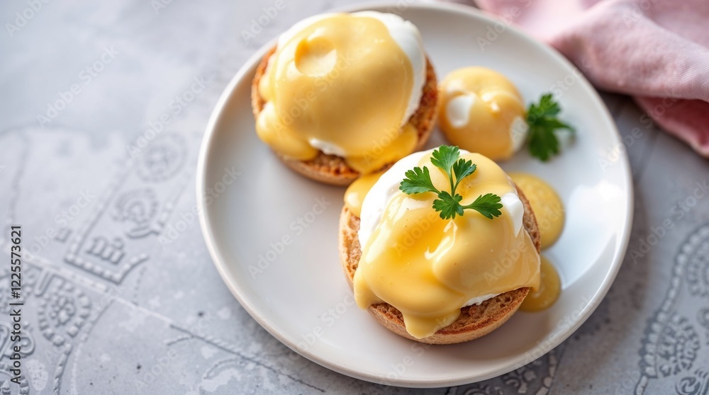 Classic Eggs Benedict with Velvety Hollandaise on a White Plate Classic Eggs Benedict with Velvety Hollandaise on a White Plate