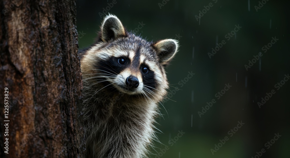 Curious raccoon peeking behind tree in rainy forest setting Curious raccoon peeking behind tree in rainy forest setting