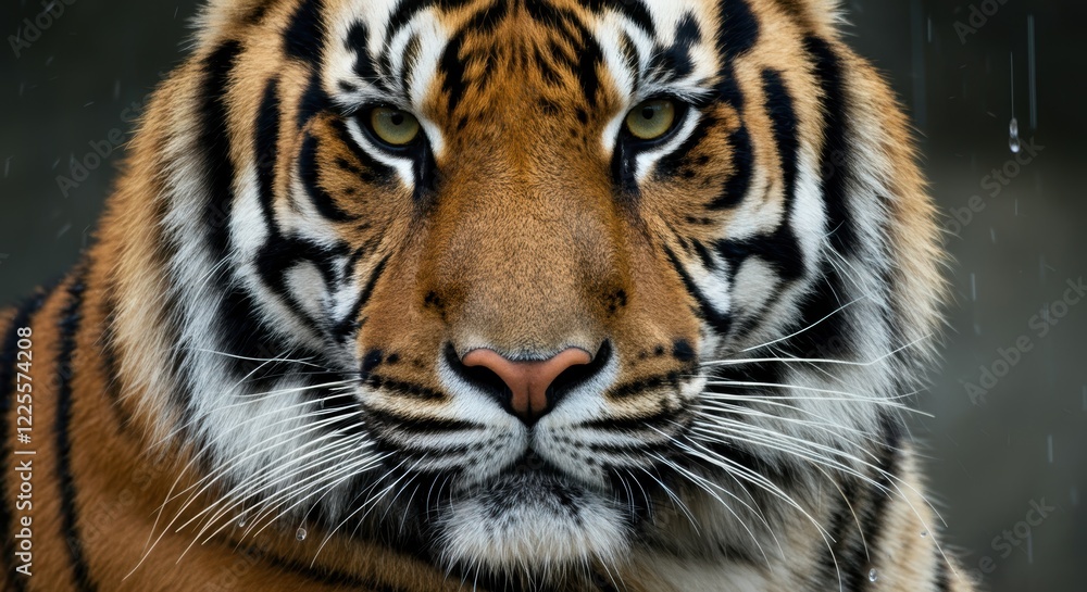 Close-up portrait of a majestic bengal tiger in the rain Close-up portrait of a majestic bengal tiger in the rain