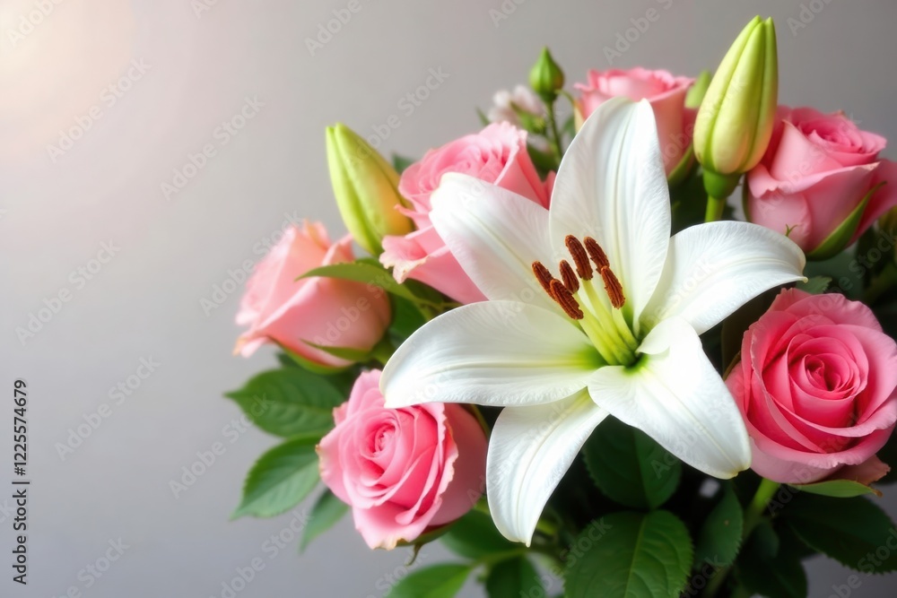 White lily and pink roses mix in an elegant arrangement, , roses, bouquets White lily and pink roses mix in an elegant arrangement, , roses, bouquets