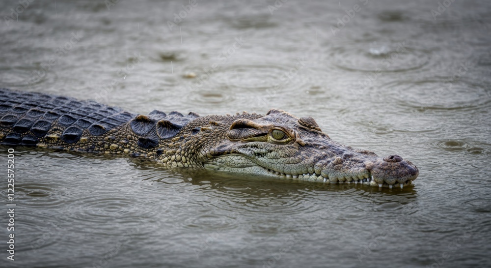 Crocodile swimming in rainy river with rippling water surface Crocodile swimming in rainy river with rippling water surface