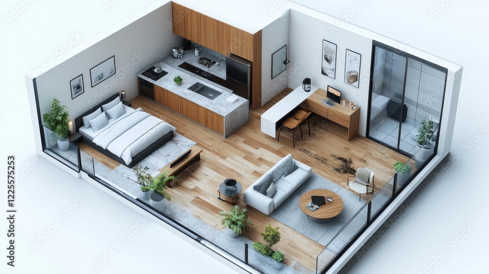 Fototapeta premium Spacious and modern apartment with stylish living room and kitchen. Generative AI