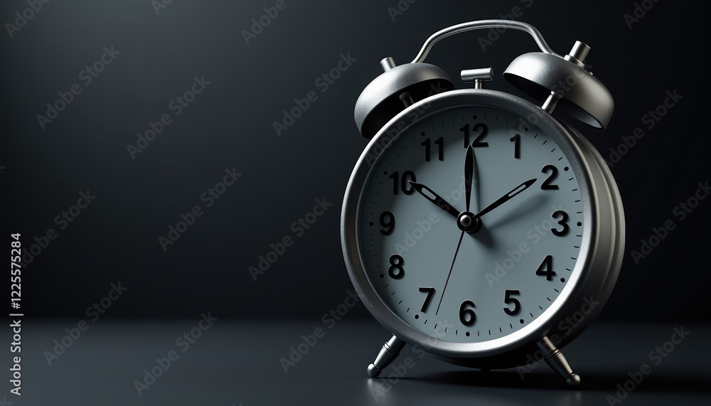 Silver alarm clock on a dark background, illustrating a classic and timeless design. Silver alarm clock on a dark background, illustrating a classic and timeless design.